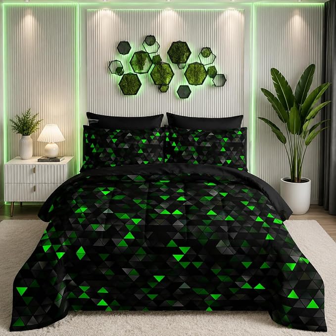 Nttopship Geometric Green Black Triangle King Size Comforter Set,Light Honeycomb Bedding Set 7 Piece in A Bag,Bed Sheet Set Geometry Decor,Microfiber Lightweight All Season