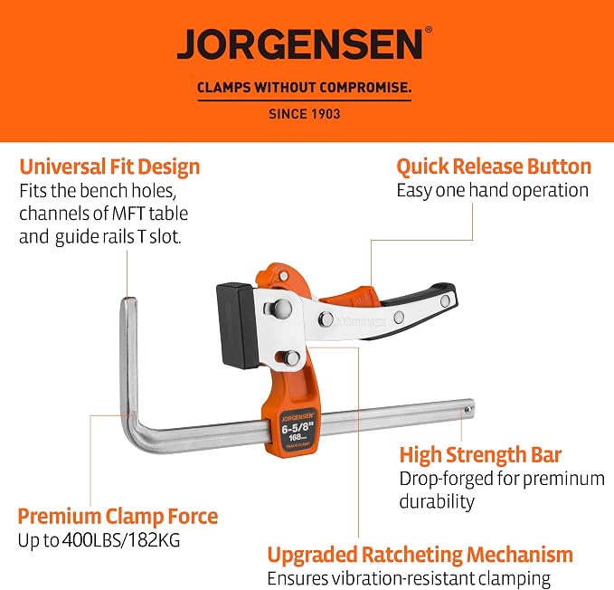 Jorgensen 6-5/8" Ratcheting Table Clamps, Quick Release Track Saw Clamps, Guide Rail Clamp for MFT Table and Guide Rail System, 2-7/8" Throat Depth, 400lbs Load Limit, 2 Pack