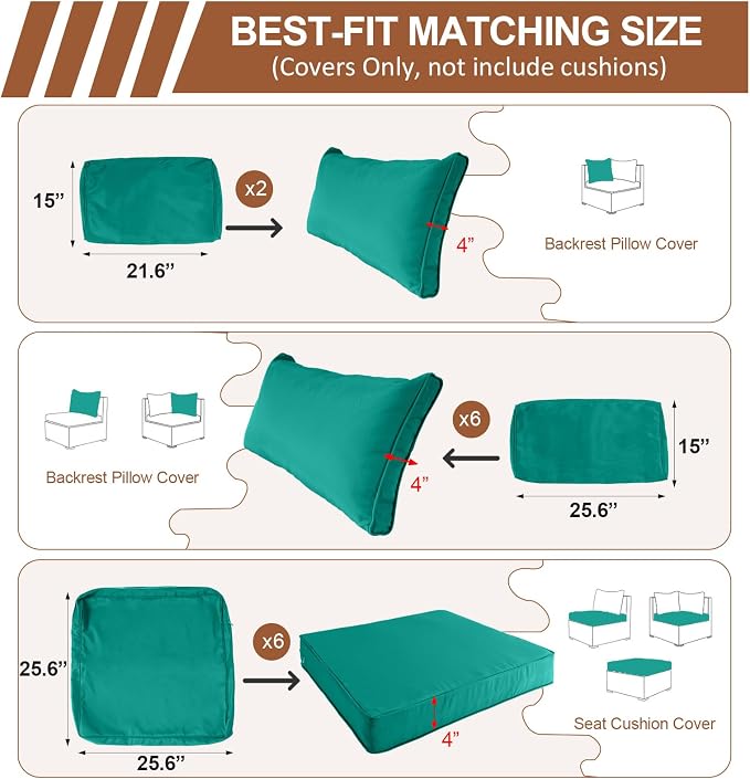 14 Piece Outdoor Patio Cushion Covers Replacement, Waterproof Outdoor Furniture Cushion Covers, Fit 7 Pcs 6 Seater Wicker Rattan Patio Conversation Sofa Set,Teal,25.6x25.6