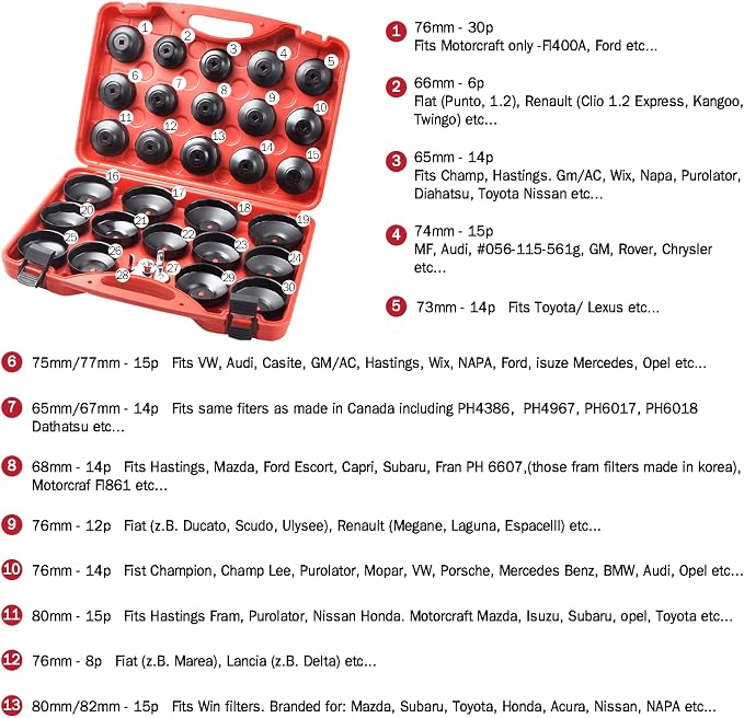 Compatible for 30PCS Cup Type Oil Filter Wrench Set Socket Tool Set for Mercedes BMW VW Audi Volvo Ford