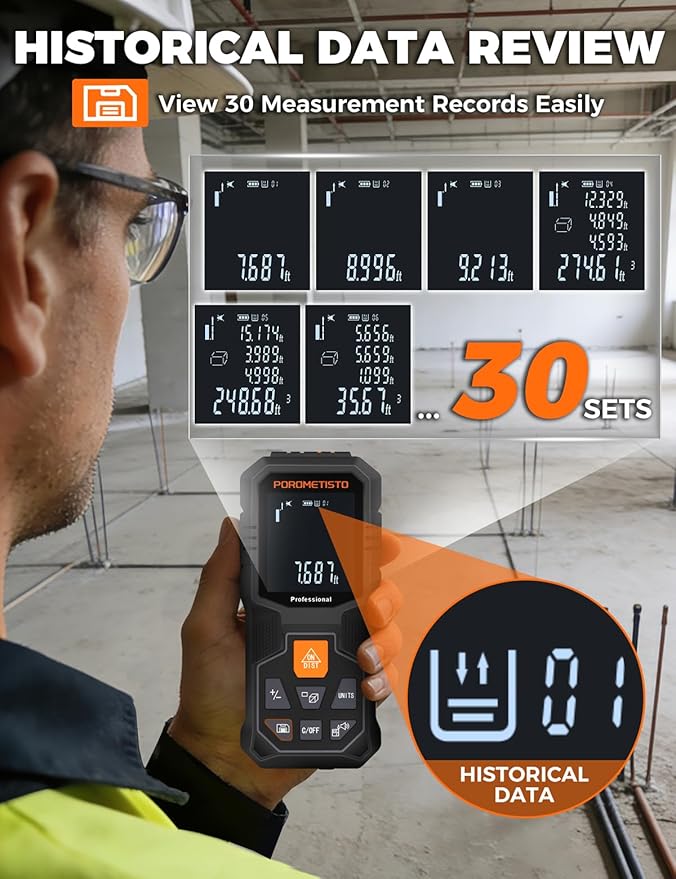 Laser Distance Meter POROMETISTO 164ft/50m, Digital Angle Finder, 12 Modes for Angle Area Volume Pythagorean Distance, ±2mm High Accuracy, Tripod Interface Design Handheld Digital Rangefinder