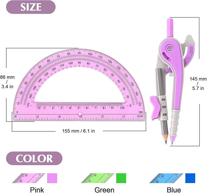ZZTX Compass and Protractor Set for Geometry, 180-Degree Protractor and Compass for Students, Math Drawing Tools, 3 Colors