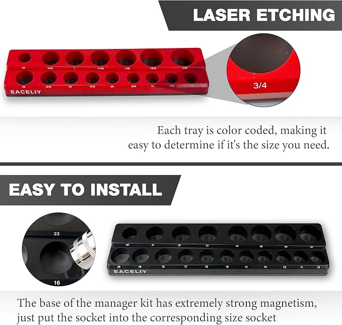 EACELIY Magnetic Socket Organizer Set,SAE & Metric Socket Holder Kit,，Tools tray， holds 35 Deep and Shallow 1/2" Sockets, attaches to steel box/tool cart (sockets not included) 丨2PC 1/2"