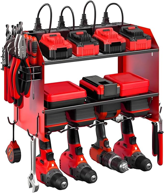 Power Tool Organizer Wall Mount with Charging Station, Heavy Duty 3 Layers Tool Storage Rack with 4 Cordless Drill Holder, Battery Holder with 8 Power Strip, Ideal for Garage, Warehouse, Workshop