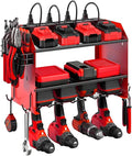 Power Tool Organizer Wall Mount with Charging Station, Heavy Duty 3 Layers Tool Storage Rack with 4 Cordless Drill Holder, Battery Holder with 8 Power Strip, Ideal for Garage, Warehouse, Workshop
