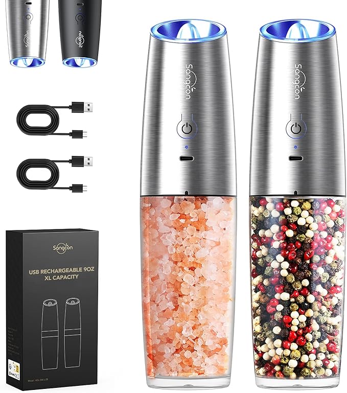 9oz XL Capacity Sangcon Gravity Electric Salt and Pepper Grinder Set Shaker Rechargeable - USB-C No Battery Needed One Hand Operation Adjustable Coarsenes Automatic Mill