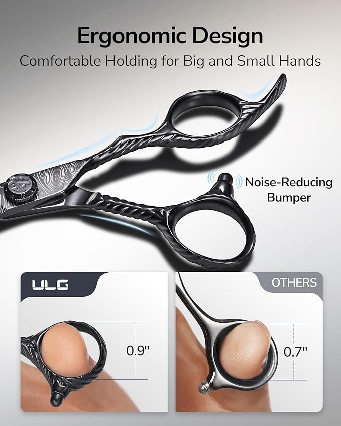 Professional Hair Cutting Scissors – ULG 6.5" Premium Barber Shears with Adjustable Tension, Offset Handle, Ergonomic Grip & Sharp Stainless Steel Blades for Stylists and Barbers, Black