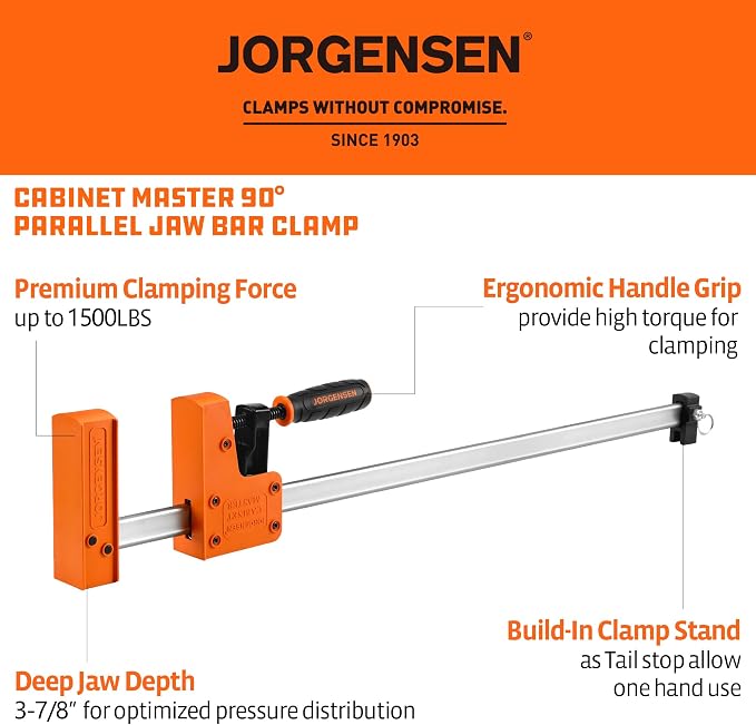 JORGENSEN 24-inch Bar Clamps, 90° Cabinet Master Parallel Jaw Bar Clamp Set, 2-pack
