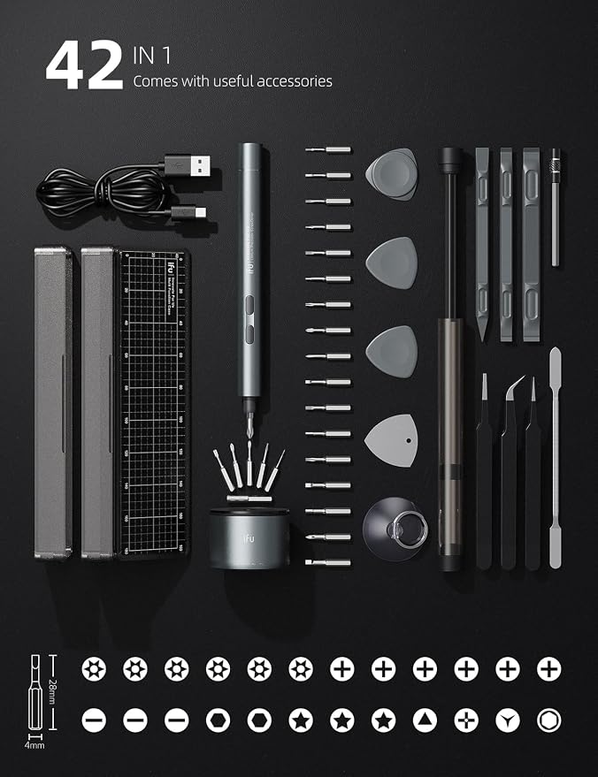 iFu 42-in-1 Mini Electric Screwdriver Kit, Dual-Mode Precision Tool | Need to repair a laptop or drone? This 42-in-1 cordless screwdriver set with 24 magnetic bits makes electronics repair easy.
