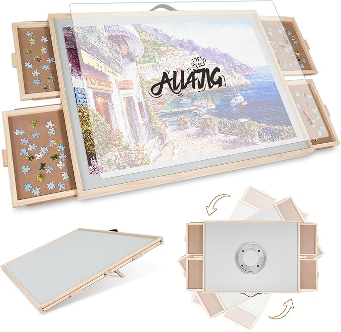 ALL4JIG 1500 Pieces 2-in-1 Tilting&Rotating Puzzle Board for Adults,24.53" x 33.19" Wooden Jigsaw Puzzle Table with 4 Drawers,Portable Board with Lazy Susan and Cover,with a Table Easel-Style Tilt