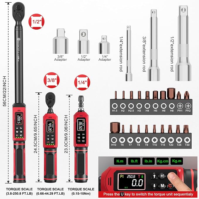 SUERCUP 1/4”&3/8"&1/2" Digital Torque Wrench Set(0.15-10Nm&0.66-44.29Ft.Lb/0.9-60N.m&3.8-250.8Ft.Lb/5.1-340Nm), with Vibration, Buzzer,LED Notification and Five Units of Measure, for Car,Moto Repair