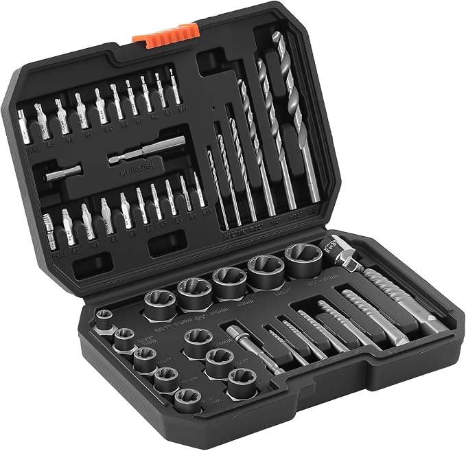 VEVOR 49-Piece Bolt Extractor Kit and Easy Out Screw Extractor Set, Lug Nut Removal Tool with Drill Bit Set for Removing Damaged, Frozen, Broken, Rusted, Rounded-Off Bolts, Nuts & Screws, Adapters