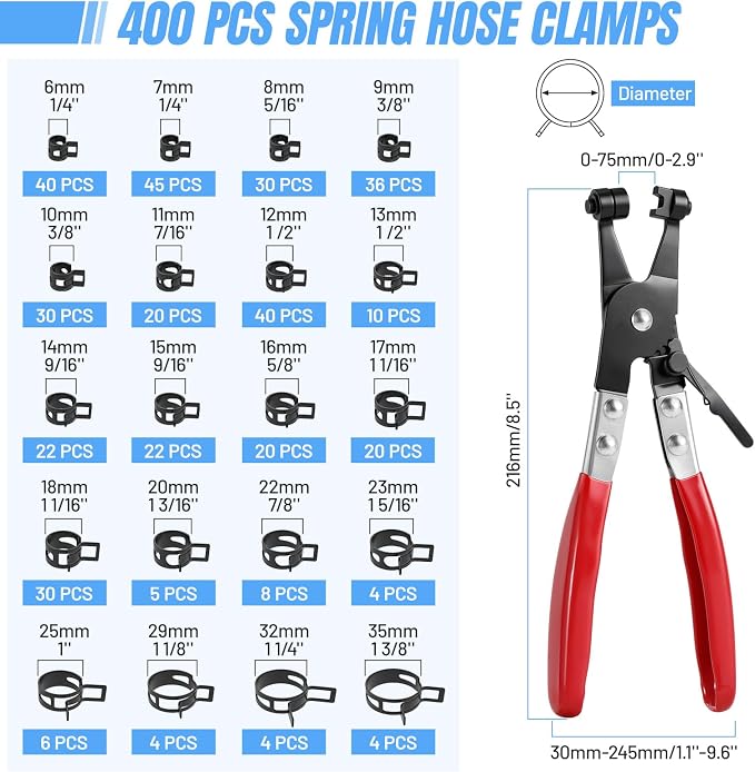 Housolution 400PCS 6-35mm Spring Hose Clamps, 20 Sizes Spring Pipe Clamps