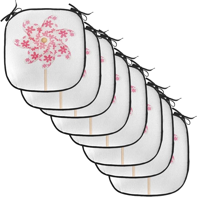 Lunarable Pinwheel Chair Cushion Pads Set of 8, Pinwheel Paper Power Wood Cheering Color Pin Freedom Happiness Family Time, Anti-Slip Seat Padding for Kitchen & Patio, 16"x16", White Coral Rose