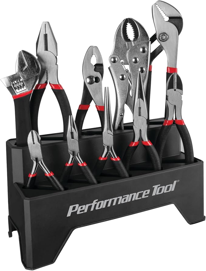 Performance Tool W1705 Pliers Set with Rack (10 Pieces) - Double Dipped Grip Handles, Heat-Treated Alloy Steel, Free Standing or Pegboard Hanging, Machined Jaws, Induction Hardened Cutting Edges