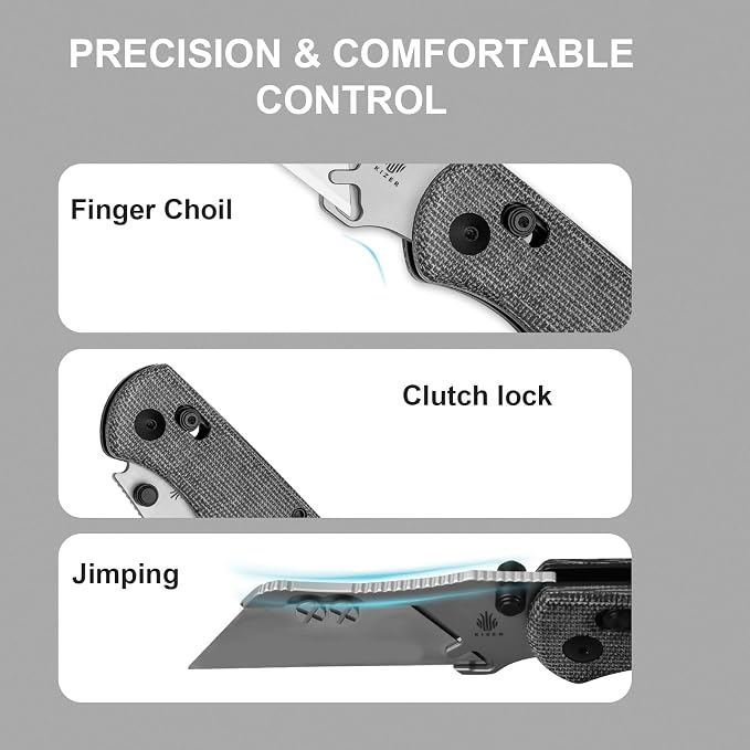 Kizer Uti Bear(New Dual-screw Version) Folding Utility Knife, Clutch Lock Box Cutter EDC Pocket knife with 5PCS Razor Blades, Pocket Knives with Pocket Clip for Men Women V3619JA3