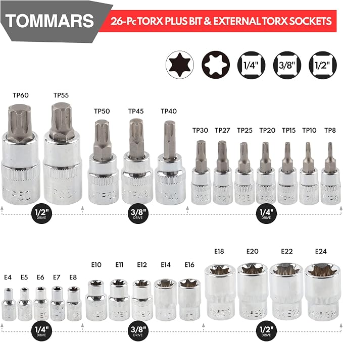 TOMMARS 60-Pc Master Torx Bit Socket & External Socket Set | 1/4", 3/8", 1/2" Drive, S2 Steel Bits, CRV Sockets, E4-E24, T6-T70, TT6-TT70, TP8-TP60