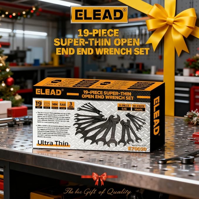 ELEAD 19-Piece Super-Thin Open End Wrench Set, Metric 5.5–27 mm & SAE 1/4"-1-1/16", CR-V Nickel Plated, 3 mm Thickness Ultra-Slim Wrench Set for Tight Spaces, Durable Roll-Up Pouch for Mechanics