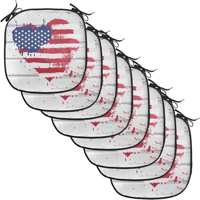 Lunarable Americana Chair Cushion Pads Set of 8, USA Flag in Heart Shape on Wood Holiday Splattered Grunge Style Illustration, Anti-Slip Seat Padding for Kitchen & Patio, 16"x16", Cream Red Blue