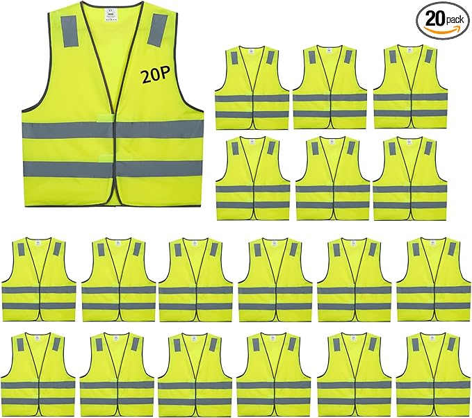 Safety Vests 20 Pack Bulk - Yellow Reflective High Visibility Construction ANSI Class 2 Work Vests for Men,Woman,Hi Vis Mesh and Neon Silver Strip