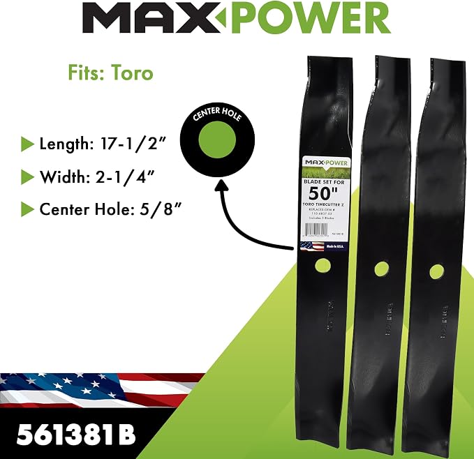 Maxpower 561381B 3 High Lift Blade Set for 50'' Cut Toro Time Cutter Z Mowers Replaces OEM no. 110-6837-03, 112-9759-03, & 115-5059-03