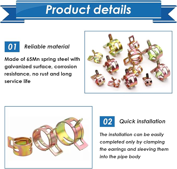 72Pcs Spring Hose Clamps Fuel Line Silicone Vacuum Hose Low Pressure Air Clamps & Sleeving Automotive Replacement Fastener Assortment Kit 6 Sizes (7mm 10mm 11mm 14mm 16mm 17mm)
