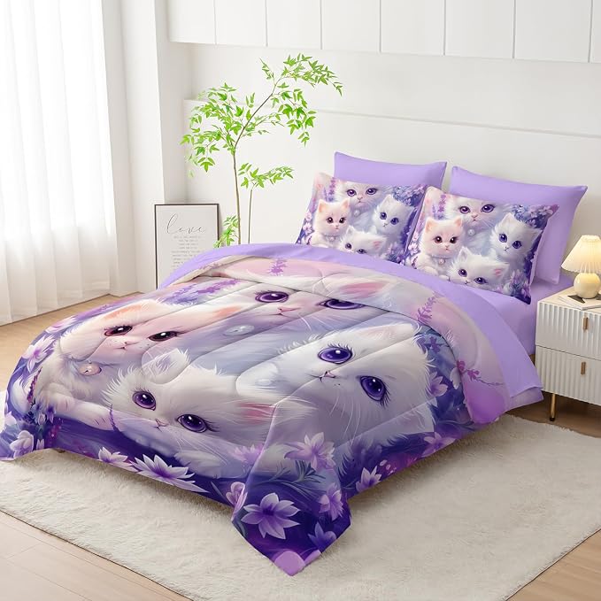 Cat Bedding 7 Piece Comforter Set Twin Size,Cute Animal Themed Bed Set for Girls Room Decor,Kids Bedding with 1 Comforter,1 Flat Sheet,1 Fitted Sheet,4 Pillowcases.