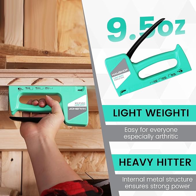 HAUSHOF Light Duty Staple Gun, Upholstery Staple Gun with 800PCS JT21 Staples and Stapler Remover, Fits JT21 Staple of 1/4'', 5/16'' & 3/8'', Used for Wood, Classroom, Crafts, DIY, Decoration (Green)