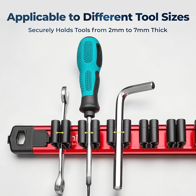 Reniteco Magnetic Screwdriver & Wrench Organizer, 12-Slot Tool Holder | Heavy-Duty Aluminum Alloy Rail Tool Holder, Flexible High-Tension Tool Clips, Magnetic Base, Tool Box Drawer or Wall Mount