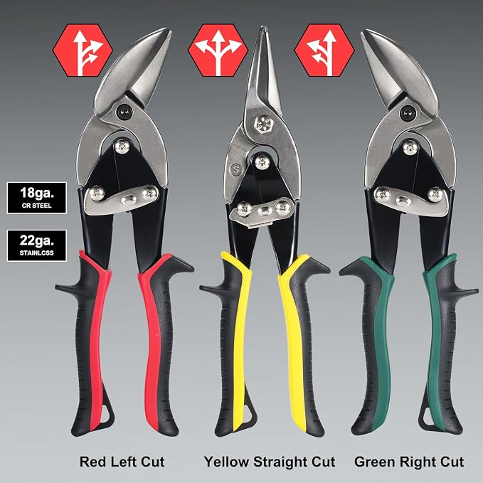Aviation Tin Snips Set, Straight Heavy Duty Left and Right Tin Cutting Shears, 3-Piece Metal Cutters With Comfort Grips and Safety Latch