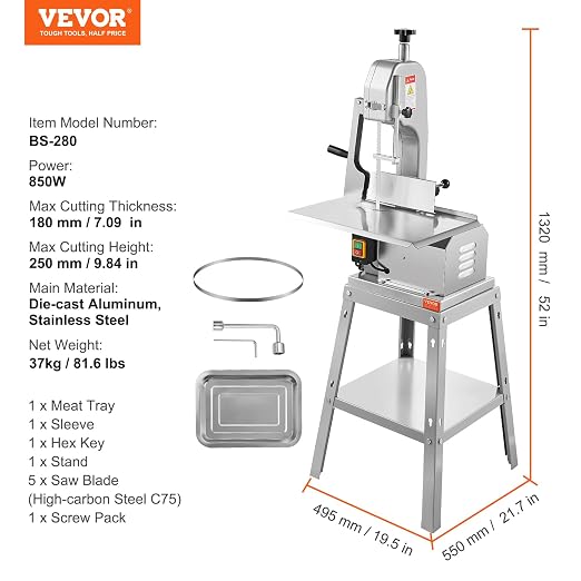 VEVOR Electric Meat Saw, 850W Stainless Vertical Cutter, 19.1"x15" Workbench, 7.09" Cutting Thickness, Includes 5 Blades for Slicing Frozen Meat, Pork, Beef, and Ribs