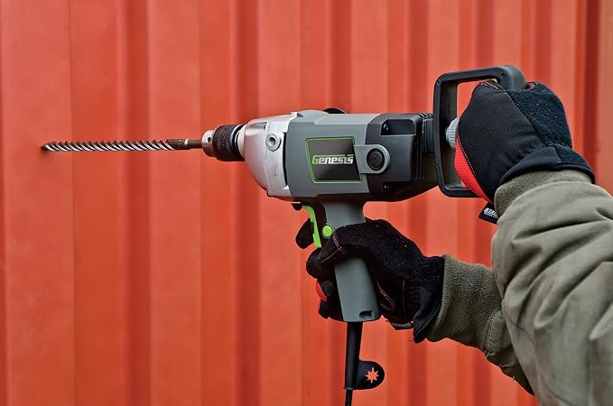 Genesis 1/2" 9.0 Amp Electric Drill Variable Speed Electric Mud Mixer Drill with Lock-On Button, Three-Position Auxiliary Handle, Two-Position Spade Handle, Chuck Key, and 2 Year Warranty GSHD1290