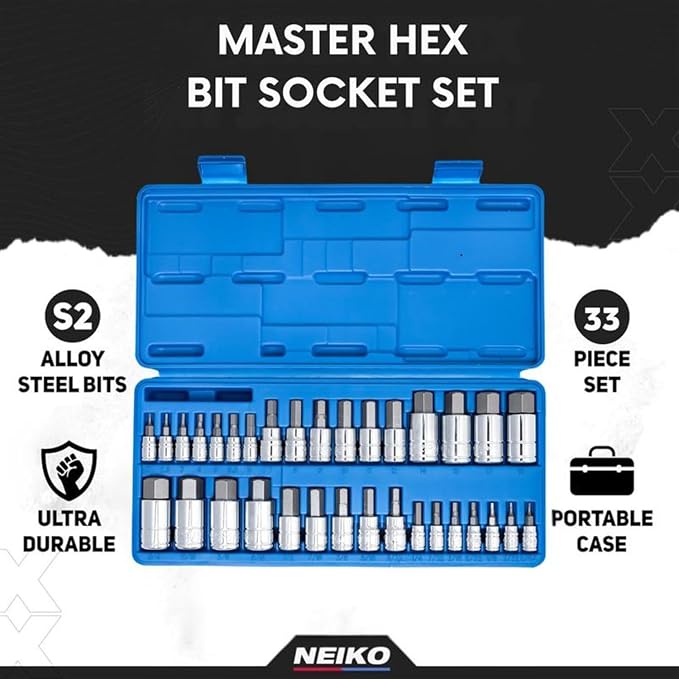 NEIKO 10388A Master Allen Hex Bit Socket Set, 33-Piece SAE & Metric Allen Socket Set, S2 Steel, 5/64'-3/4', 2mm-19mm