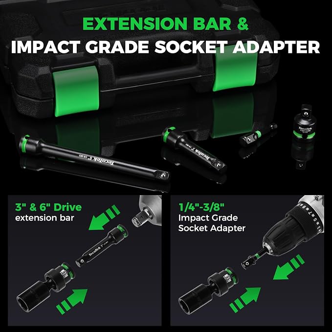 TecoTek 14 PCS 3/8" Drive Deep Universal Impact Socket Set, Swivel Socket Set, 10-19mm, Metric Socket Set with Flexible Wobble, Cr-Mo Steel, Includes Extension Bars and Adapter