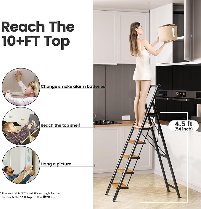 SOLADDER 6 Step Ladder for 12 Ft High Ceiling, Folding Step Stool with Handgrip & Anti-Slip Wide Pedal, Portable Aluminum Stepladder for Kitchen, Home (300 lbs Capacity) - Black+Wood Grain
