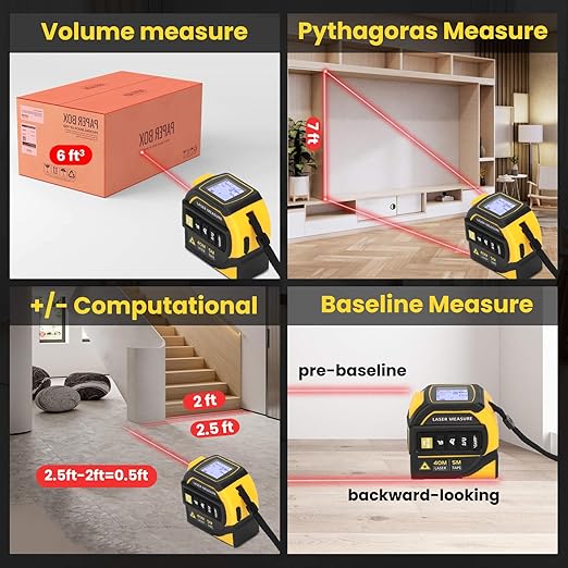 4-in-1 Laser Tape Measure with Level and Crosshairs, 16FT AutoLock Measuring Tape and 130FT Laser Measurement Tool with Large LCD Display, Area, Volume, Pythagorean, Cosine