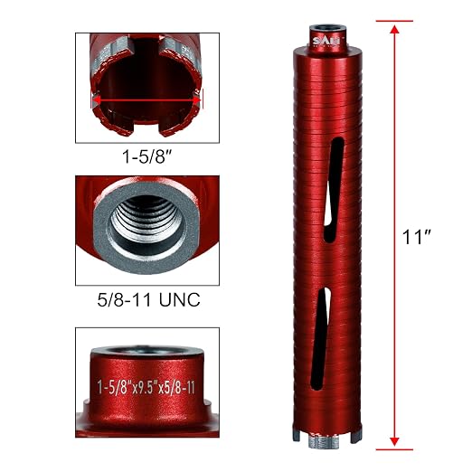 SALI Diamond Core Drill Bits 1 5/8" Diameter 10"/254mm Drilling Depth 5/8-11" Thread Core Bit Turbo Laser-Welded Segments for Cured Concrete with Brick Block Masonry with Two Adapters（Red）