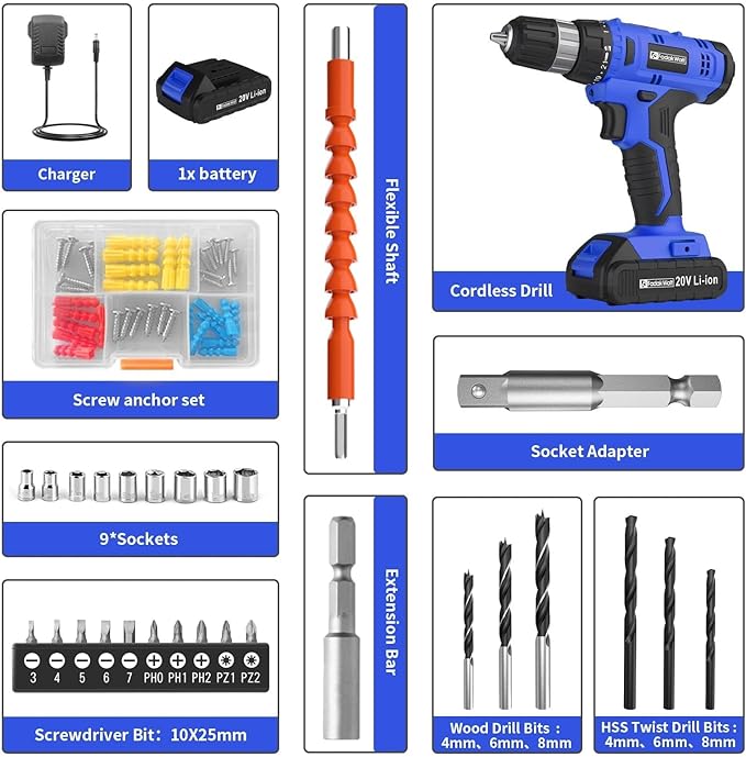 FADAKWALT 20V Electric Drill Set with Battery and Charger, 30N Torque, 21+1 Settings, 3/8-Inch Keyless Chuck, LED Electric Drill Set (Blue)
