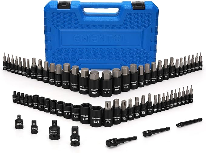 EMENTOL 71-Piece Torx Bit & Hex Bit Socket Set, Master SAE/Metric Bits, 1/4", 3/8" and 1/2" Drive, S2 Alloy & CR-V Steel, Includes External Torx E4-E24, Socket Adapter & Drill Adapter