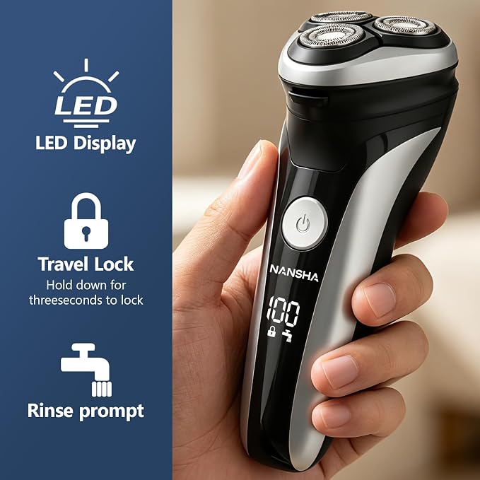 NANSHA Electric Razor for Men with Pop-Up Trimmer, 100% Waterproof Electric Shaver, Rechargeable Cordless Shavers for Men, Type-C, 120Mins Runtime, Plug & Play, Black (Black)