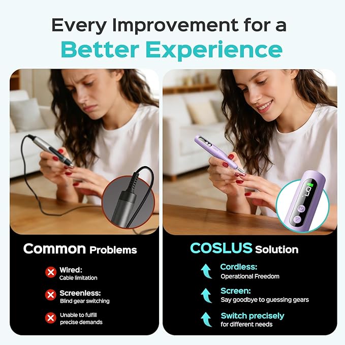 COSLUS C52 Electric Cordless Nail Drill: Professional Nail File kit with LED Screen for Acrylic Gel Powder. Portable for Home DIY & Salon Use. Manicure Pedicure for Beginners, Women, Travel, Purple