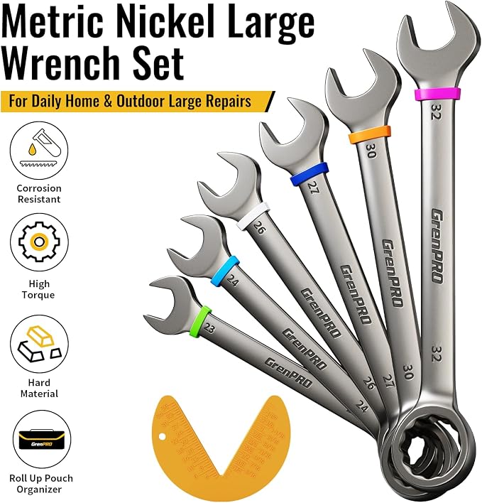 GRENPRO 23-32MM Large Metric Wrench Set, Combination Open End Wrench Sets | Long Wrench Tool set, 15-Degree Offset, 12-Point Box-End & Roll-Up Pouch With Gauge, Nickel plated CR-V, Convenient Storage