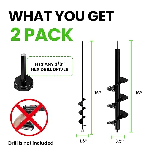 K-Brands Auger Drill Bit for Planting 2 Pack 1.6 x 16 Inch & 3.5 x 16 Inch Set – Garden Spiral Hole and Bulb Planter Tool for Umbrella Holes - Compatible with 3/8 Inch Hex Drive