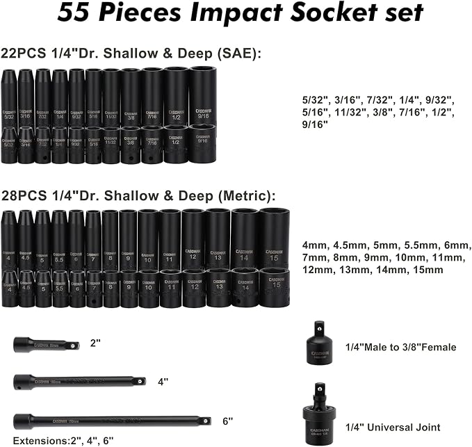CASOMAN 55PCS 1/4-Inch Drive Impact Socket Set, Shallow & Deep, 5/32 Inch - 9/16 Inch, 4mm - 15mm, Metric/SAE, 6-Point, Cr-V Steel Socket Set