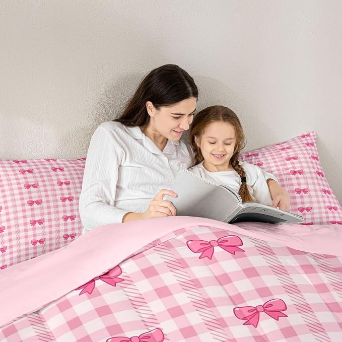 Feelyou Pink Grid Bowknot Comforter Set All Season Bow Checkered Bedding Set with 2 Pillow Cases Princess Microfiber Kids Queen Bedclothes Bedroom Decor Duvet Quilt Breathable Soft Lightweight