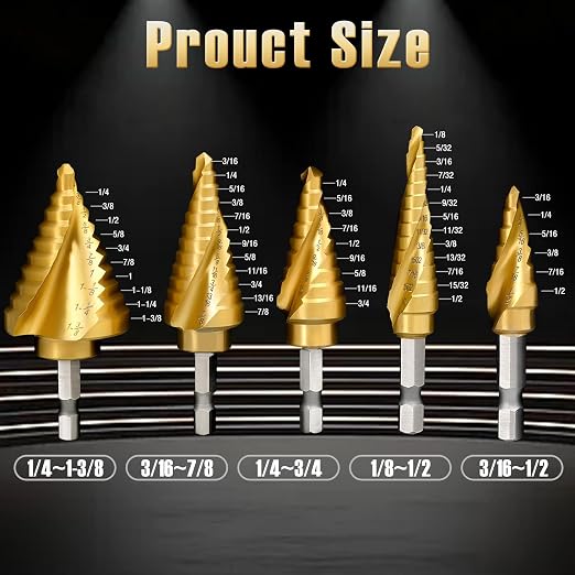 Step Drill Bit Set for Metal- 5PCS Titanium 4241 HSS Step Bit with Two Straight Flutes, 50 Sizes from 1/16" to 1-3/8" for Aluminum, Wood & Plastic, Unibit for Electricians & DIY
