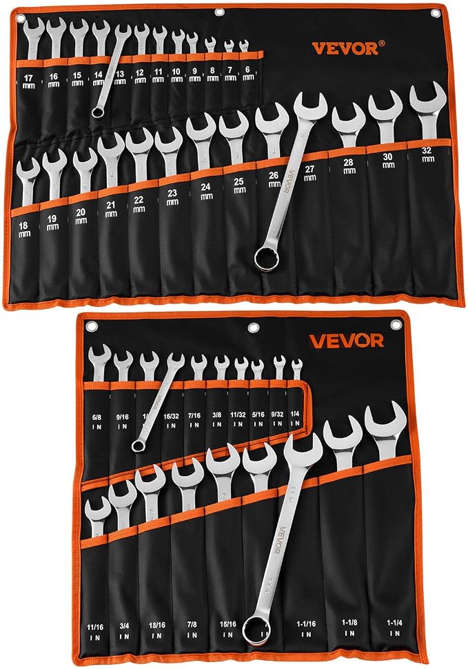 VEVOR Combination Wrench Set, 44-Piece SAE and Metric | 12-Point Box End and 15° Angled Open End, with Roll Up Pouch, General Household and Automotive Repairs