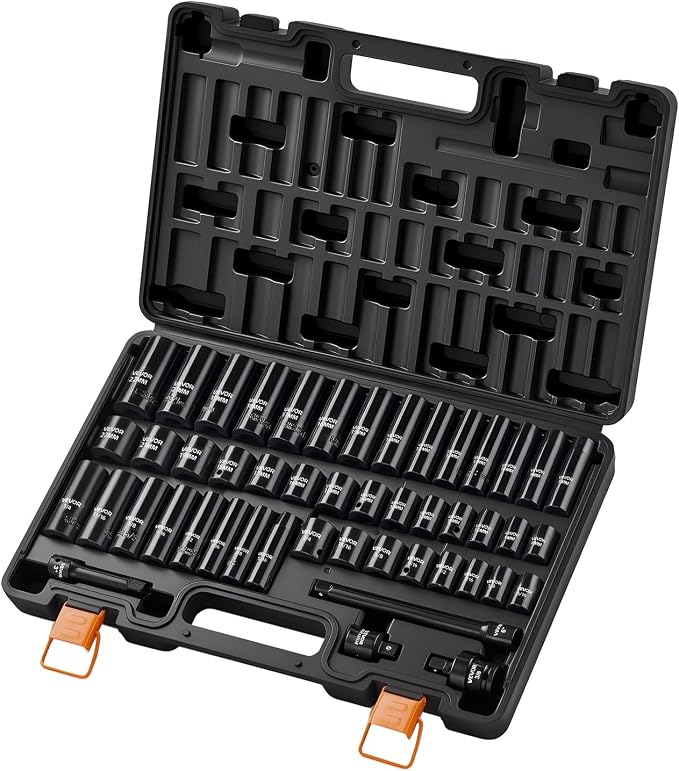 VEVOR Impact Socket Set, 3/8" Drive, 48-Piece Socket Set, 6-Point Sockets, SAE 5/16"-3/4" and Metric 8-19 mm, 21-22 mm, Easy to Identify, Cr-V Alloy Steel, Extension Bar, Adapter and Storage Cage | SAE (5/16" to 3/4") & Metric (8-22 mm), 6 Point, CR-V,...