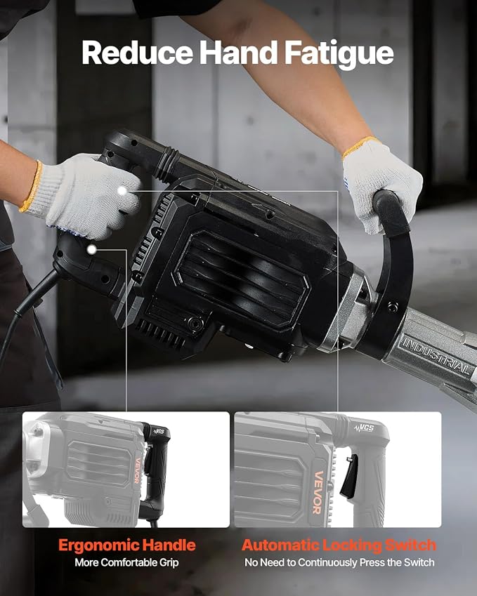 VEVOR Demolition Jack Hammer, 3000 W Powerful Electric Jackhammer, 1700 BPM Concrete Breaker with a Point Chisel, Carrying Case, Gloves, Goggles, for Concrete, Wall, Brick, Tile and Foundation