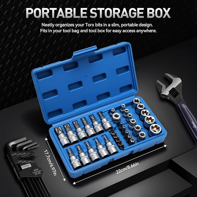 DISEN 34-Piece 3/8'' Drive Torx Star Bit sockets | CR-V E-Socket Set, E4-20, T10-60, Tamper Proof Set TT10-TT55, 5/16"F to 3/8"M adapter with Storage Case